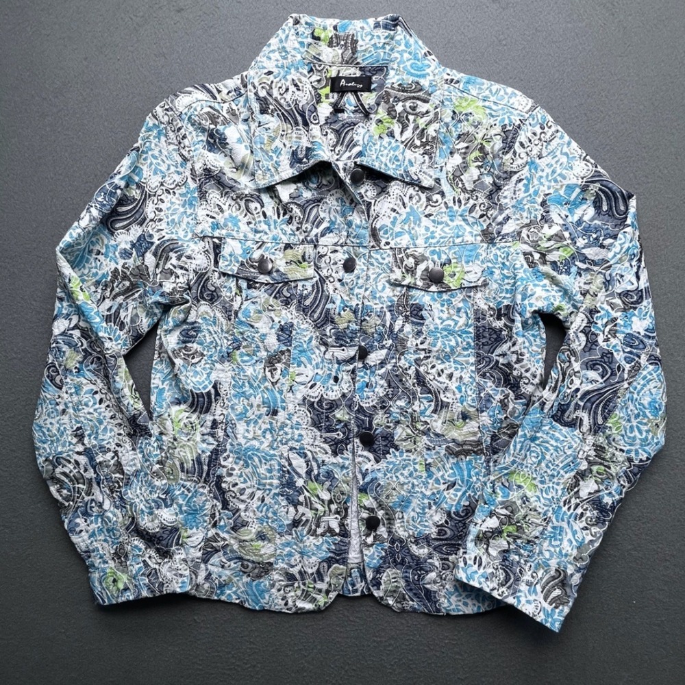 Analogy Paisley Floral Textured Jacket Womens Medium Blue Green Cotton Blend EX